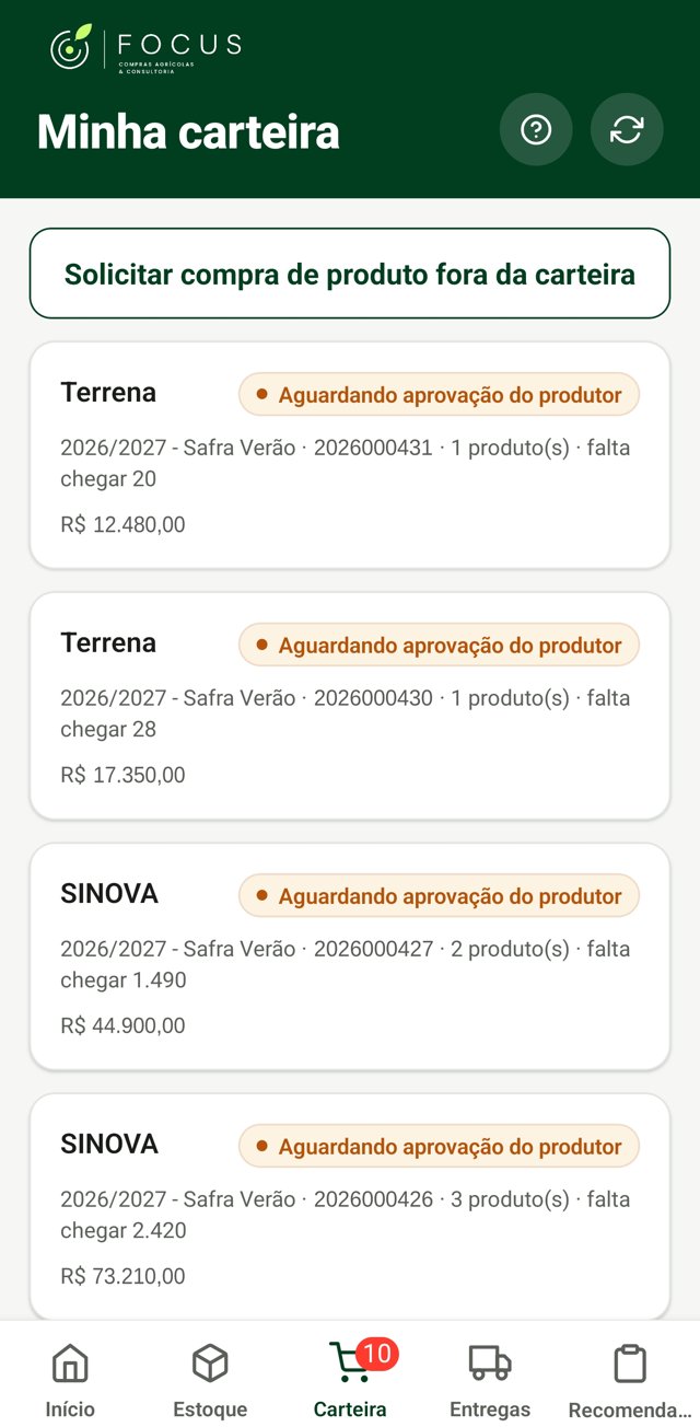 Tela do aplicativo FOCUS com a carteira de pedidos do produtor
